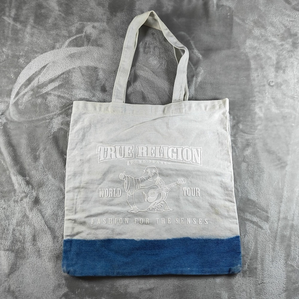 True Religion Tote Bag Denim Logo Faded Boho Streetwear Y2K Bleached Dip Dye